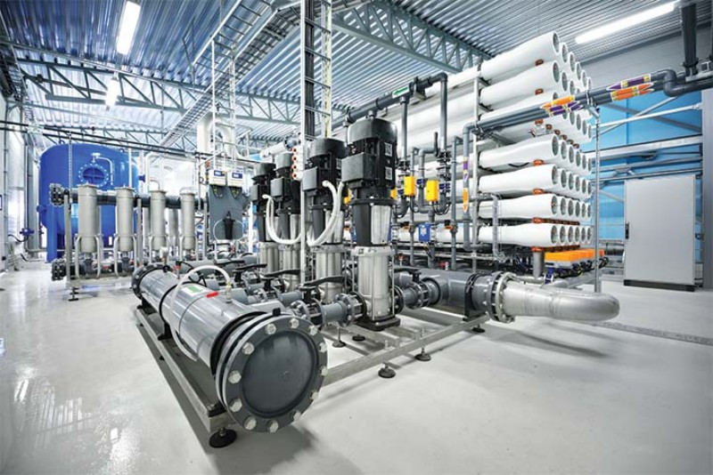 Pump station for reverse osmosis industrial city water treatment station. Wide angle perspective